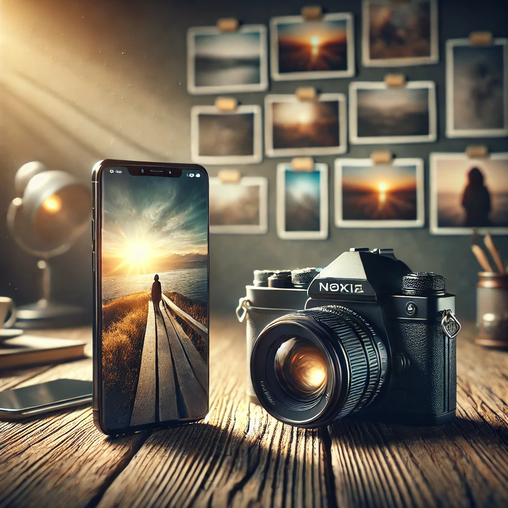 DALL·E 2024 08 19 14.28.50 A highly professional image representing World Photography Day. The composition should include a modern smartphone and a classic DSLR camera placed on