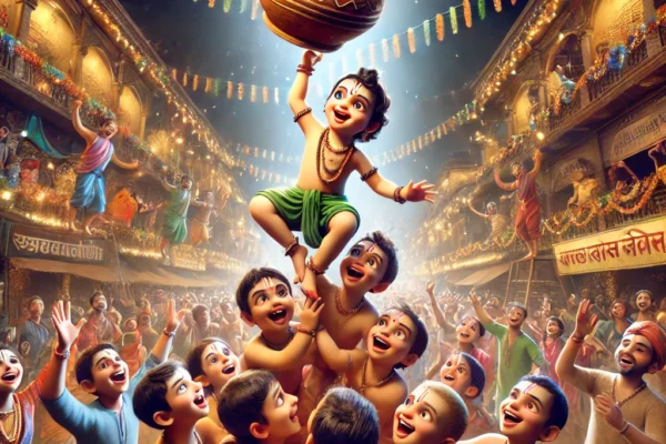 DALL·E 2024 08 27 09.07.02 A highly detailed and realistic image capturing the lively atmosphere of the Dahi Handi festival. The scene features young Lord Krishna as a mischievo