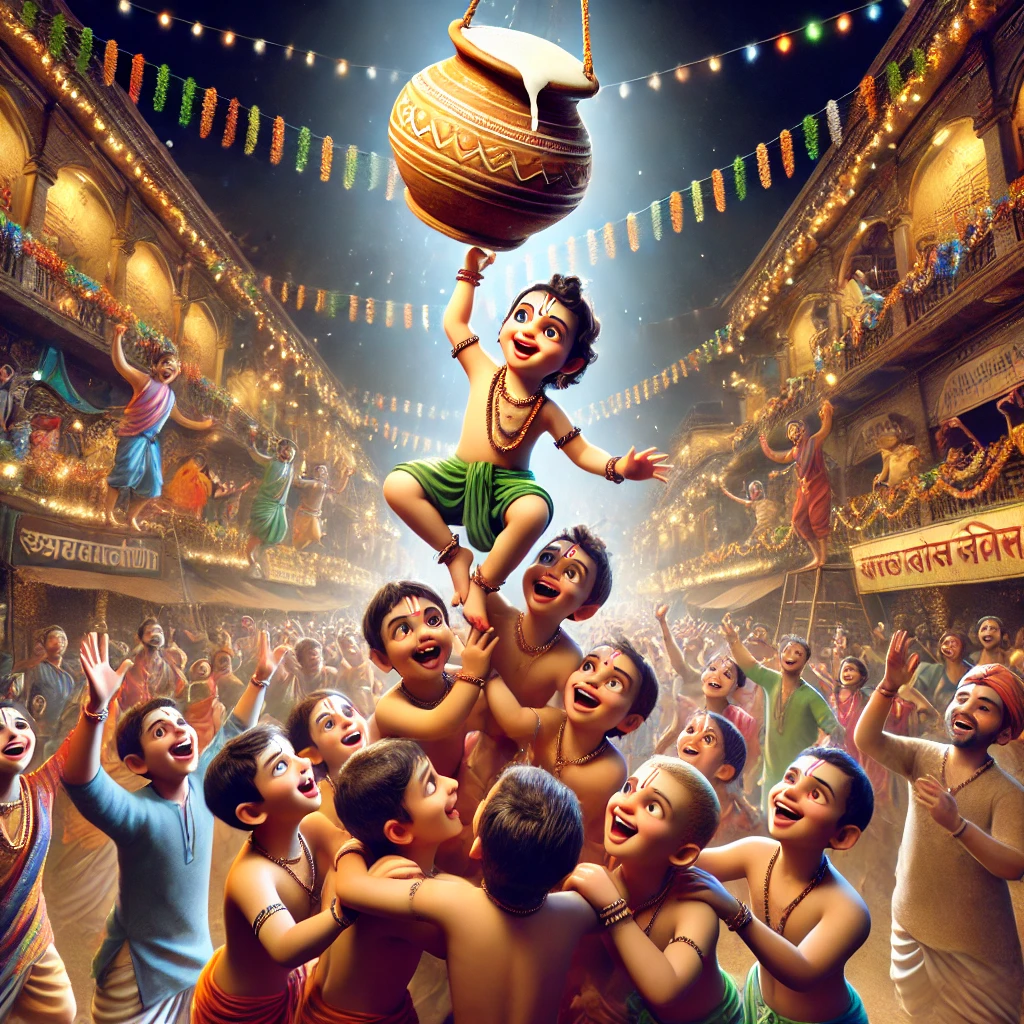 DALL·E 2024 08 27 09.07.02 A highly detailed and realistic image capturing the lively atmosphere of the Dahi Handi festival. The scene features young Lord Krishna as a mischievo